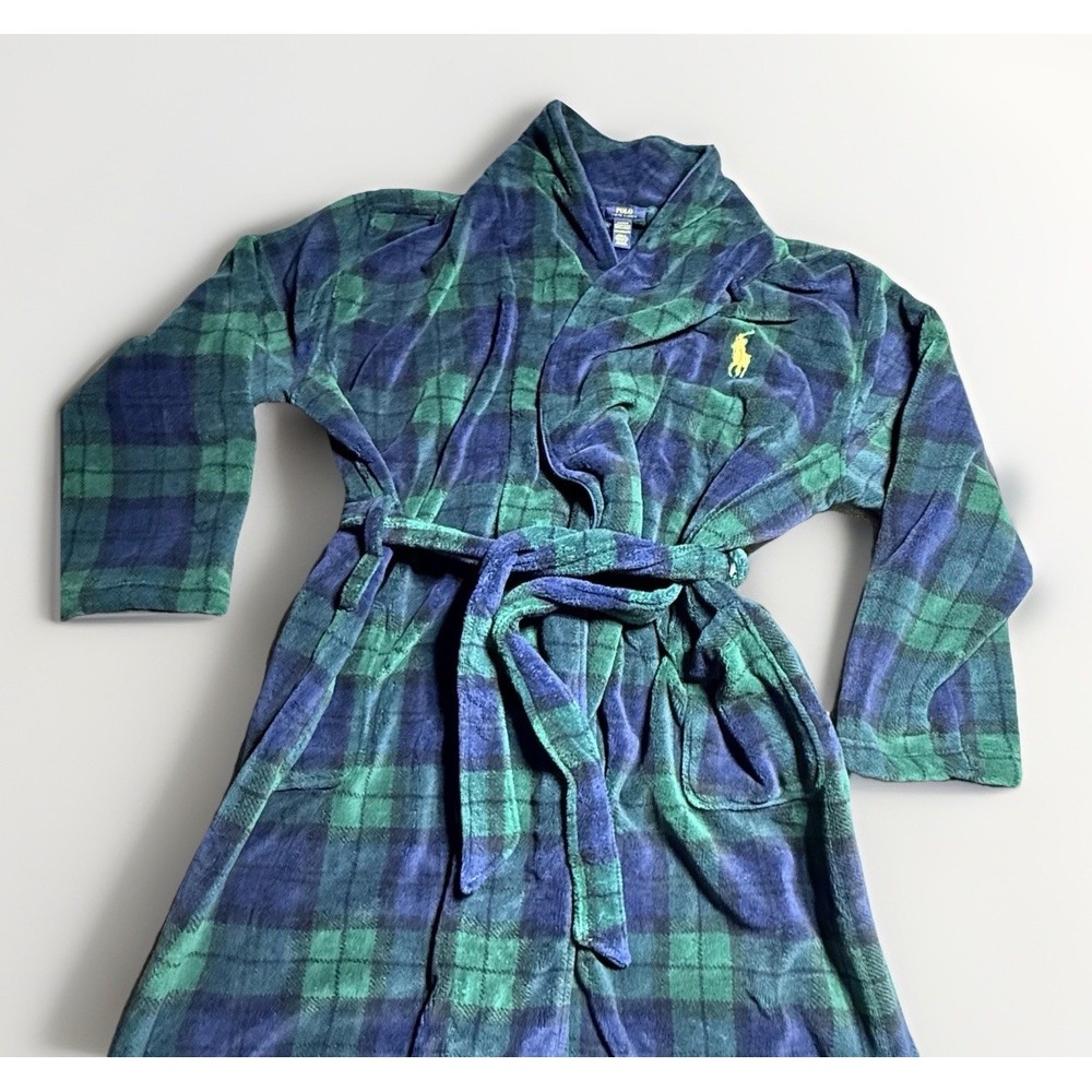 Polo Ralph Lauren Large XL Robe Mens Green Plaid Plush Bathrobe Belted Lounge
